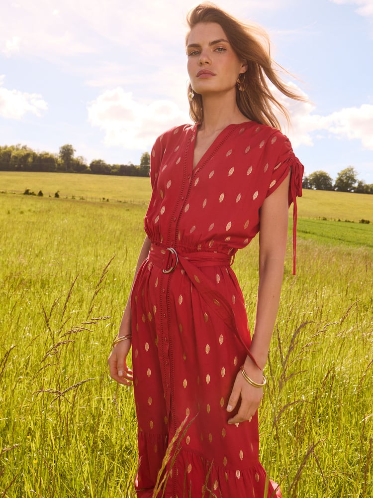 Love & Roses Red Foil Ruched Shoulder Belted Midi Dress - Image 2 of 4