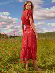 Love & Roses Red Foil Ruched Shoulder Belted Midi Dress - Image 3 of 4