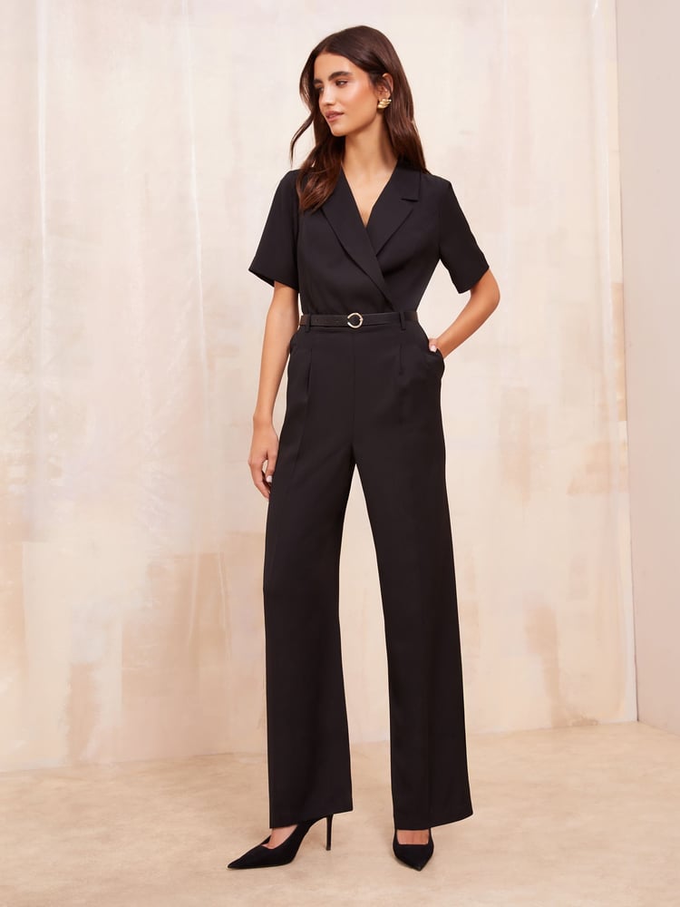 Friends Like These Black Wrap Collar Belted Jumpsuit - Image 1 of 4