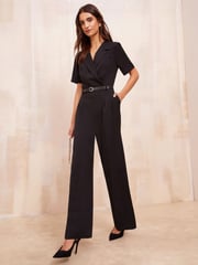 Friends Like These Black Wrap Collar Belted Jumpsuit - Image 4 of 4