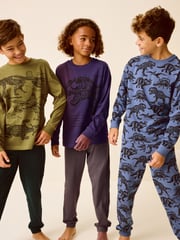Olive Green/Blue/Purple Dinosaur 3 Pack 100% Cotton Long Sleeve Pyjamas (3-16yrs) - Image 1 of 11