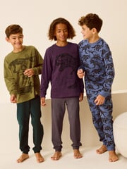 Olive Green/Blue/Purple Dinosaur 3 Pack 100% Cotton Long Sleeve Pyjamas (3-16yrs) - Image 2 of 11
