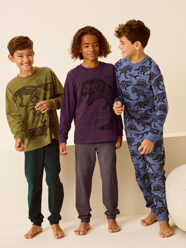 Olive Green/Blue/Purple Dinosaur 3 Pack 100% Cotton Long Sleeve Pyjamas (3-16yrs) - Image 2 of 11 Olive Green/Blue/Purple Dinosaur 3 Pack 100% Cotton Long Sleeve Pyjamas (3-16yrs) - Image 2 of 11