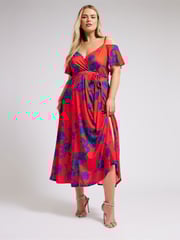Yours Curve Red & Blue London Floral Bardot Maxi Dress - Image 1 of 5