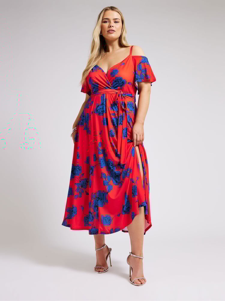 Yours Curve Red & Blue London Floral Bardot Maxi Dress - Image 1 of 5