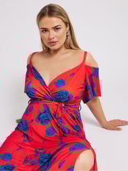 Yours Curve Red & Blue London Floral Bardot Maxi Dress - Image 2 of 5