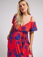 Yours Curve Red & Blue London Floral Bardot Maxi Dress - Image 4 of 5