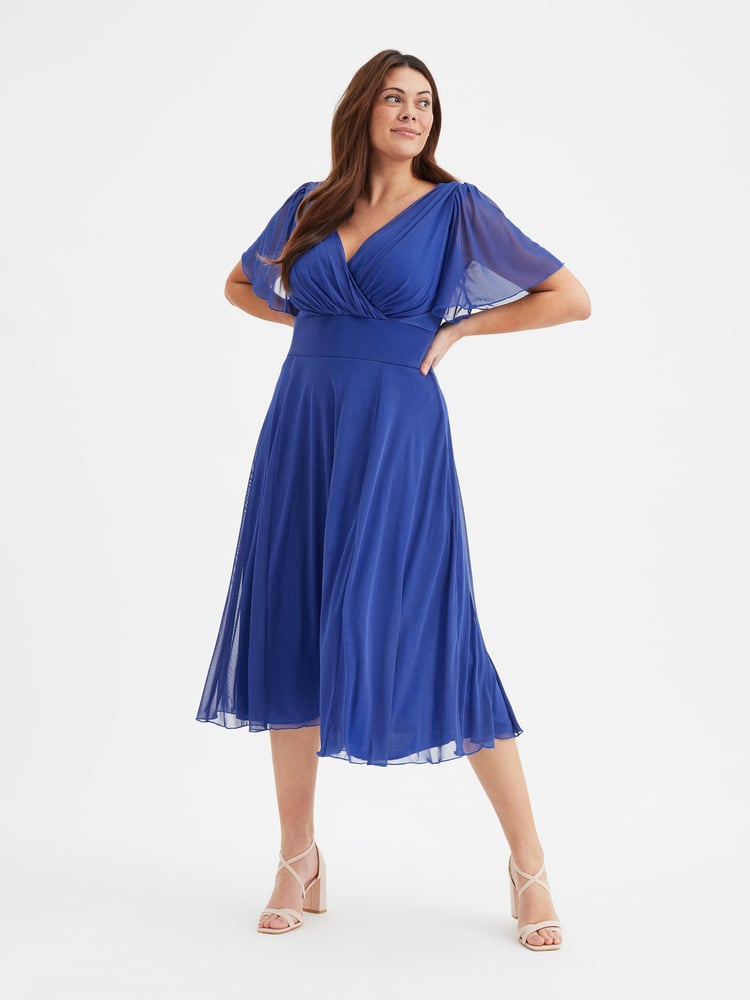 Scarlett & Jo Blue Victoria Angel Sleeve Mesh Midi long Dress - Image 1 of 4
