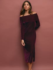 Burgundy Red Bardot Velvet Midi Dress - Image 1 of 7