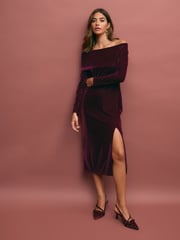 Burgundy Red Bardot Velvet Midi Dress - Image 2 of 7