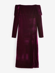 Burgundy Red Bardot Velvet Midi Dress - Image 5 of 7