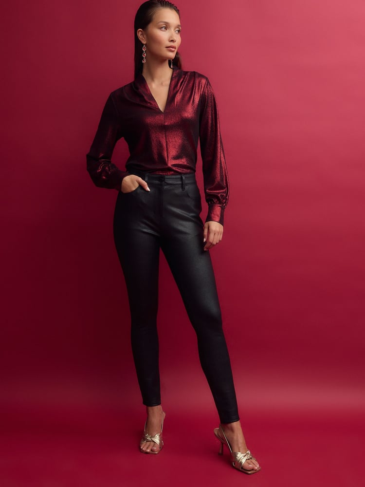 Red Long Sleeve Shimmer V-Neck Blouse - Image 2 of 7