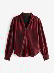 Red Long Sleeve Shimmer V-Neck Blouse - Image 6 of 7