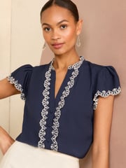 Love & Roses Navy Blue Satin Ruffle Trim V Neck Flutter Sleeve Blouse - Image 1 of 4