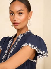 Love & Roses Navy Blue Satin Ruffle Trim V Neck Flutter Sleeve Blouse - Image 2 of 4