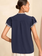 Love & Roses Navy Blue Satin Ruffle Trim V Neck Flutter Sleeve Blouse - Image 4 of 4