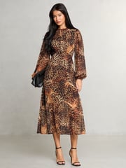 Lipsy Animal Petite Printed Woven Long Sleeve Underbust Midi Dress - Image 1 of 4