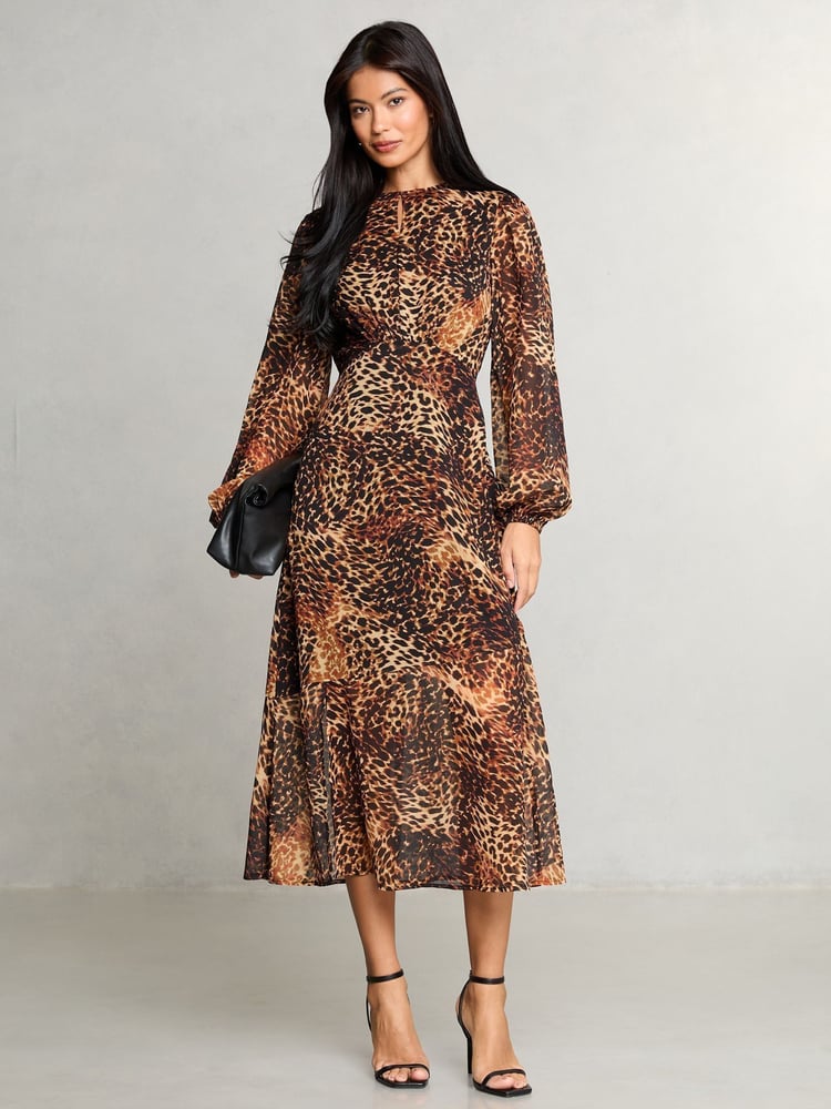 Lipsy Animal Petite Printed Woven Long Sleeve Underbust Midi Dress - Image 1 of 4
