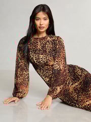 Lipsy Animal Petite Printed Woven Long Sleeve Underbust Midi Dress - Image 2 of 4