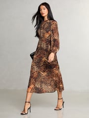 Lipsy Animal Petite Printed Woven Long Sleeve Underbust Midi Dress - Image 3 of 4
