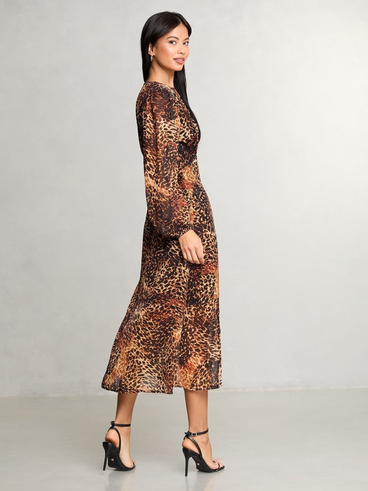 Lipsy Animal Petite Printed Woven Long Sleeve Underbust Midi Dress - Image 4 of 4