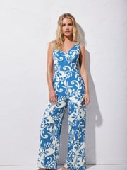 PixieGirl Petite Blue Contrast Leaf Jumpsuit - Image 1 of 6