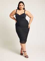 Yours Curve Black Mesh Gathered Midi Skirt - Image 1 of 4