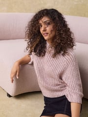 Pink Blush Sparkle Sequin Mesh Knitted Half Sleeve Jumper - Image 1 of 9