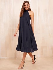 Friends Like These Navy Blue Halter Neck Pleated Midi Dress - Image 1 of 4