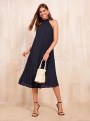 Friends Like These Navy Blue Halter Neck Pleated Midi Dress - Image 3 of 4