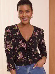 Love & Roses Black Floral Ruched Front Jersey Blouse - Image 1 of 4