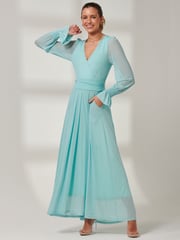 Jolie Moi Light Blue Greta Long Sleeve Mesh Maxi Dress - Image 1 of 6