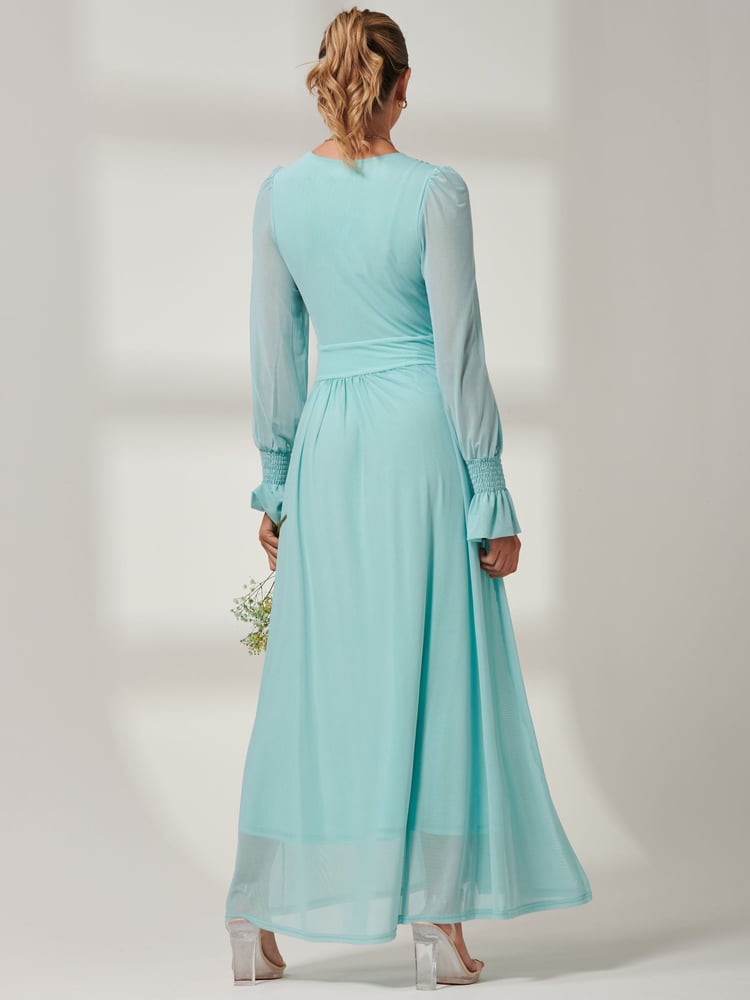 Jolie Moi Light Blue Greta Long Sleeve Mesh Maxi Dress - Image 2 of 6