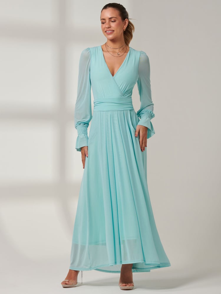 Jolie Moi Light Blue Greta Long Sleeve Mesh Maxi Dress - Image 6 of 6