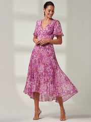 Jolie Moi Purple Floral Pleated Dip Hem Chiffon Maxi Dress - Image 1 of 6