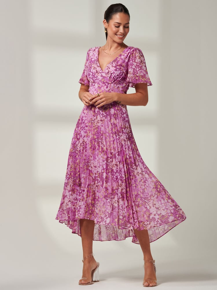 Jolie Moi Purple Floral Pleated Dip Hem Chiffon Maxi Dress - Image 1 of 6