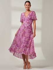 Jolie Moi Purple Floral Pleated Dip Hem Chiffon Maxi Dress - Image 5 of 6