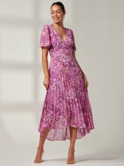 Jolie Moi Purple Floral Pleated Dip Hem Chiffon Maxi Dress - Image 6 of 6