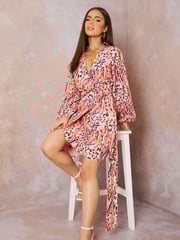 Chi Chi London Pink Long Sleeve Wrap Detail Abstract Print Shirt Dress - Image 1 of 2