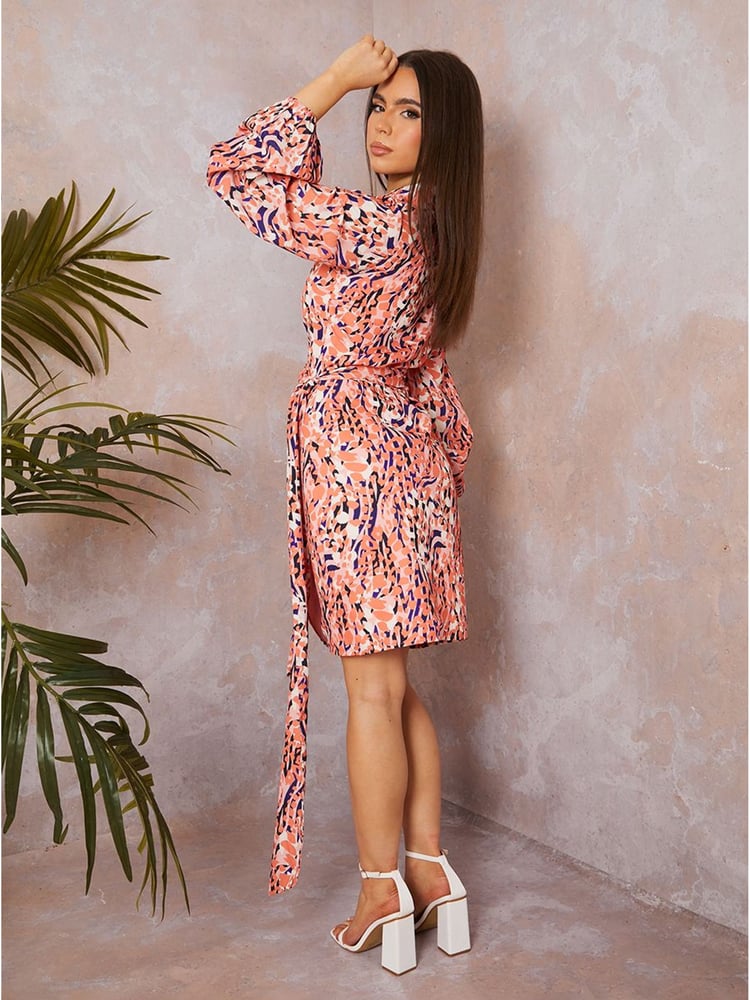 Chi Chi London Pink Long Sleeve Wrap Detail Abstract Print Shirt Dress - Image 2 of 2 Chi Chi London Pink Long Sleeve Wrap Detail Abstract Print Shirt Dress - Image 2 of 2