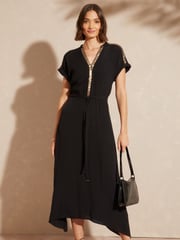 Love & Roses Black Sequin Trim Hanky Hem Short Sleeve Midi Dress - Image 1 of 8