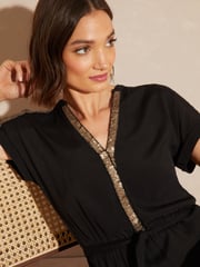 Love & Roses Black Sequin Trim Hanky Hem Short Sleeve Midi Dress - Image 3 of 8