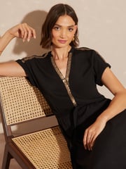 Love & Roses Black Sequin Trim Hanky Hem Short Sleeve Midi Dress - Image 7 of 8