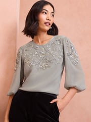 Love & Roses Grey Embellished 3/4 Sleeve Blouse - Image 1 of 4