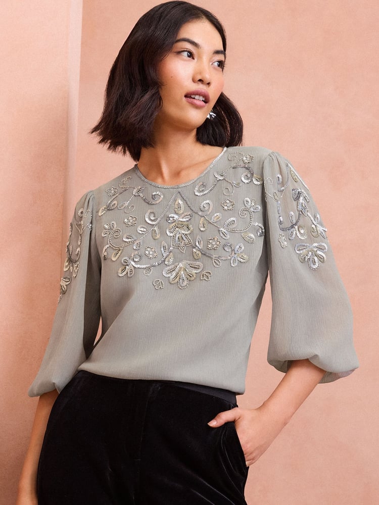 Love & Roses Grey Embellished 3/4 Sleeve Blouse - Image 1 of 4