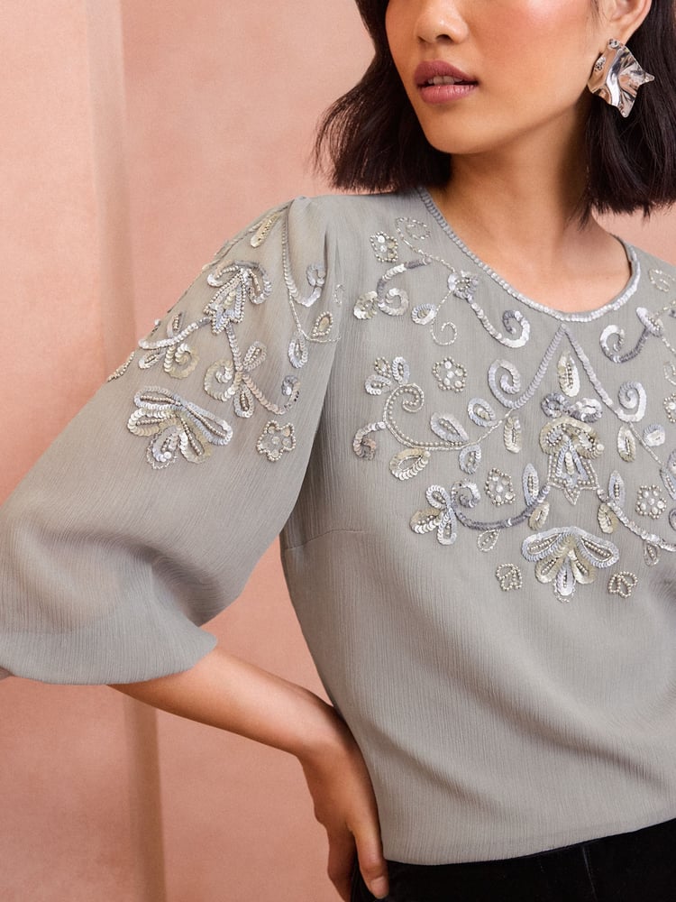 Love & Roses Grey Embellished 3/4 Sleeve Blouse - Image 2 of 4