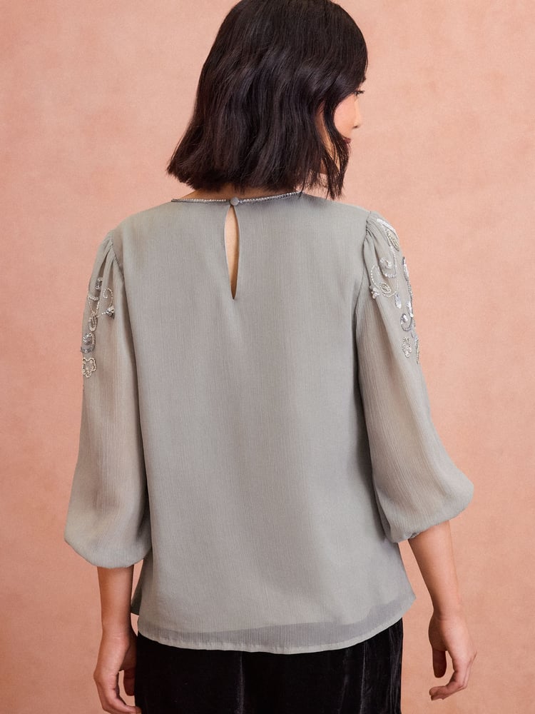 Love & Roses Grey Embellished 3/4 Sleeve Blouse - Image 4 of 4
