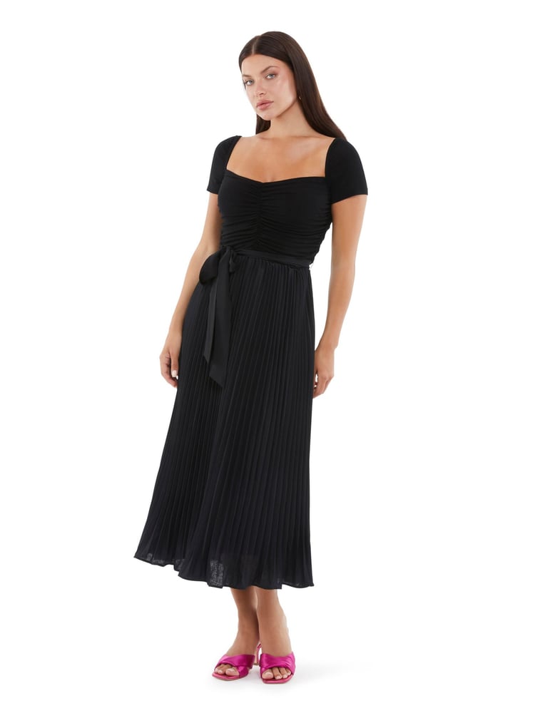 Guess Pleated Occasion Midi Dress With Linen - Image 1 of 2