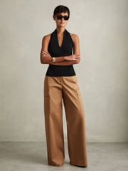 Reiss Black Tilly Knitted Panelled Halter Neck Top - Image 1 of 5