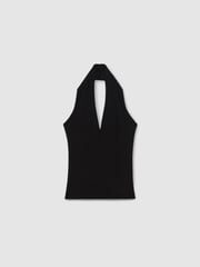 Reiss Black Tilly Knitted Panelled Halter Neck Top - Image 2 of 5